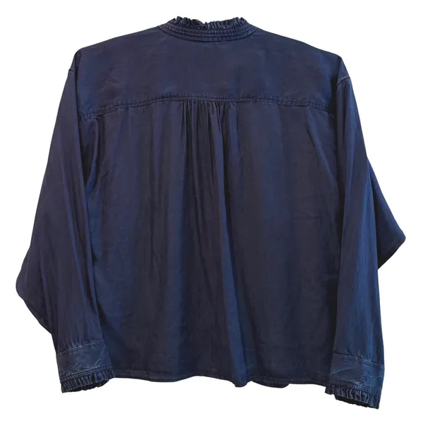 LOFT‎ Button Down Blouse Navy Blue Boho Ruffle Trim Lyocell Denim Womens XXL - Image 6