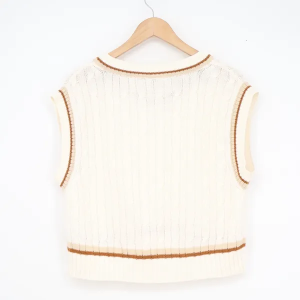 H&M Divided Cream Cable Knit Sweater Vest V-Neck Striped Trim Womens Size M - Image 5