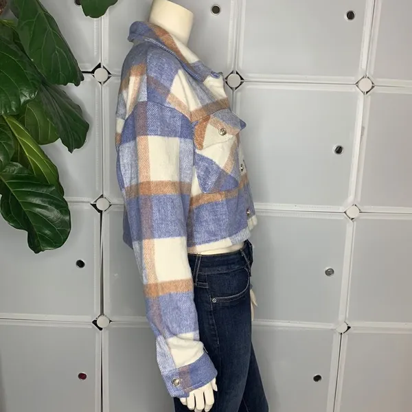 Plaid Print Drop Shoulder Crop Overcoat Size Large Blue - Image 7