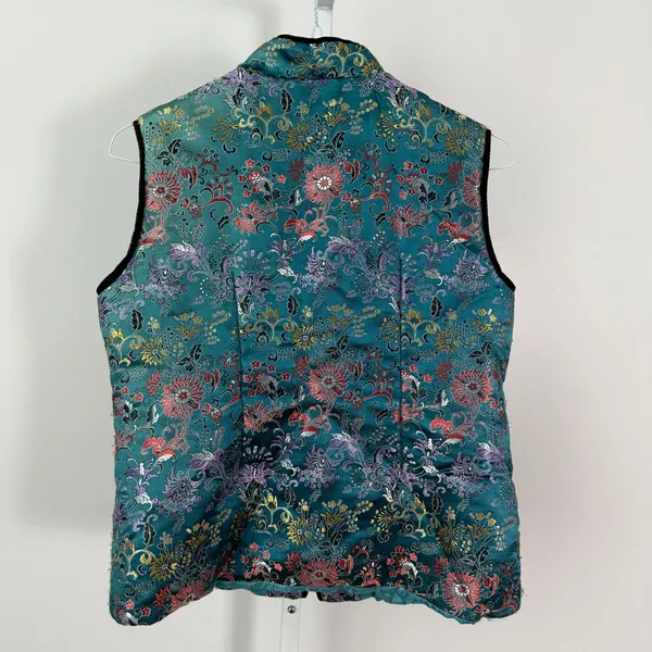 VTG Foieverdev sz LTeal Floral Brocade‎ Mandarin Collar Vest Quilted - Image 6