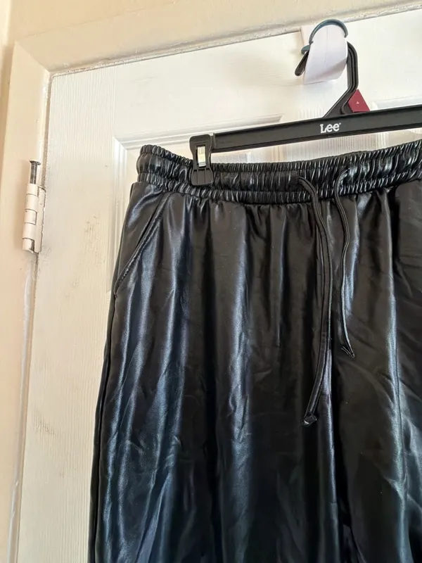 Black Faux Leather Elastic Waist Drawstring Jogger Pants EPI1238-J - Image 4