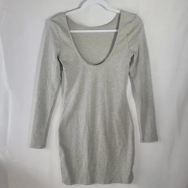 Bobi Athletic Scuba Scoop Back Long Sleeve Mini Bodycon Dress Size S Light Grey - Image 3