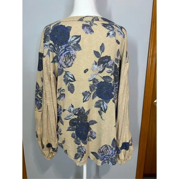 Free People taupe blue floral ballon sleeve‎ thermal XS BIN P - Image 4