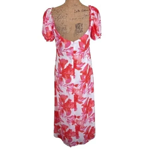 Wayf Felicity Midi Dress Pink Red Tropical Floral Milkmaid Puff‎ Sleeve Medium - Image 4
