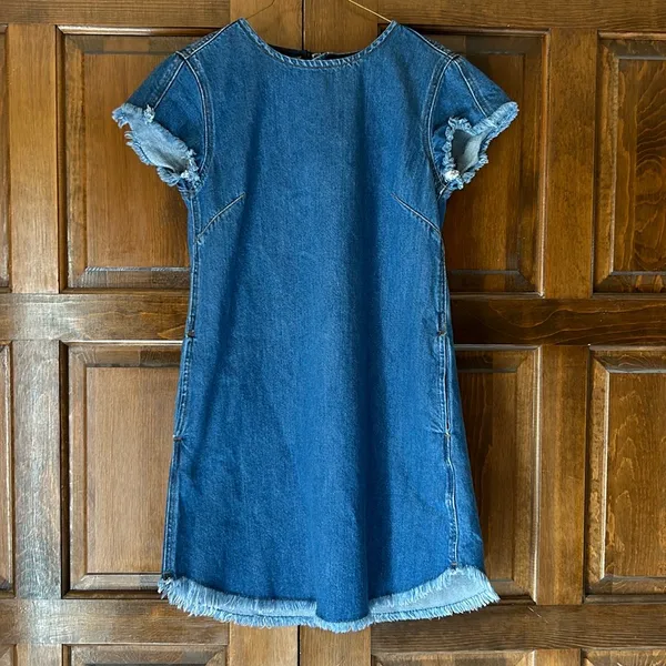 Good American Blue Denim‎ T-Shirt Dress Size 1 S Frayed Raw Edge Hem Mini Shift - Image 7