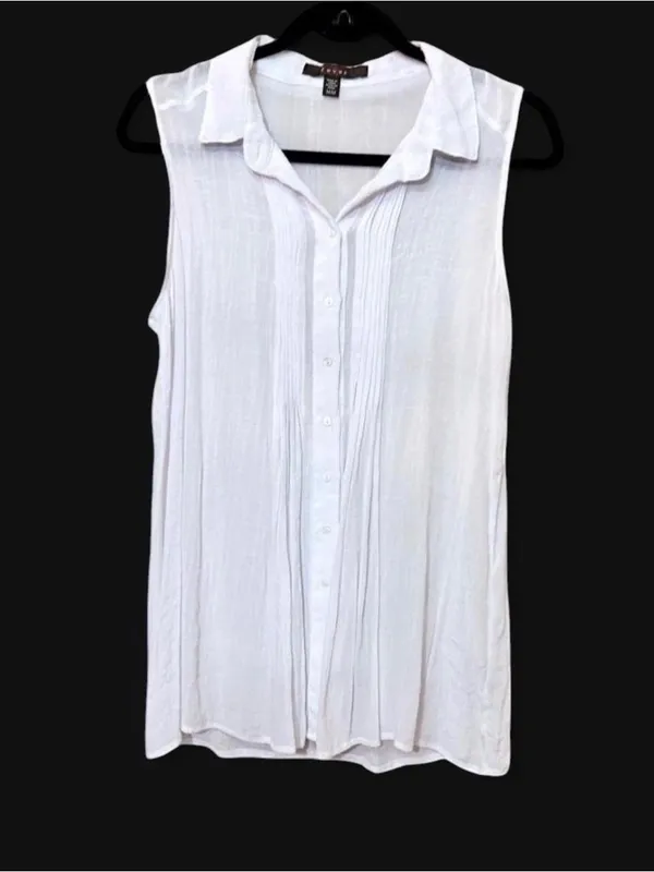 Fever White Sleeveless Collared Button Up Blouse with Pleated Front Sz M - Image 7