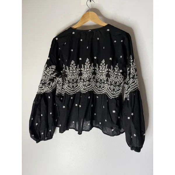 Jennifer & Grace Black Embroidered Cotton Peasant Blouse Balloon Sleeve Large - Image 2