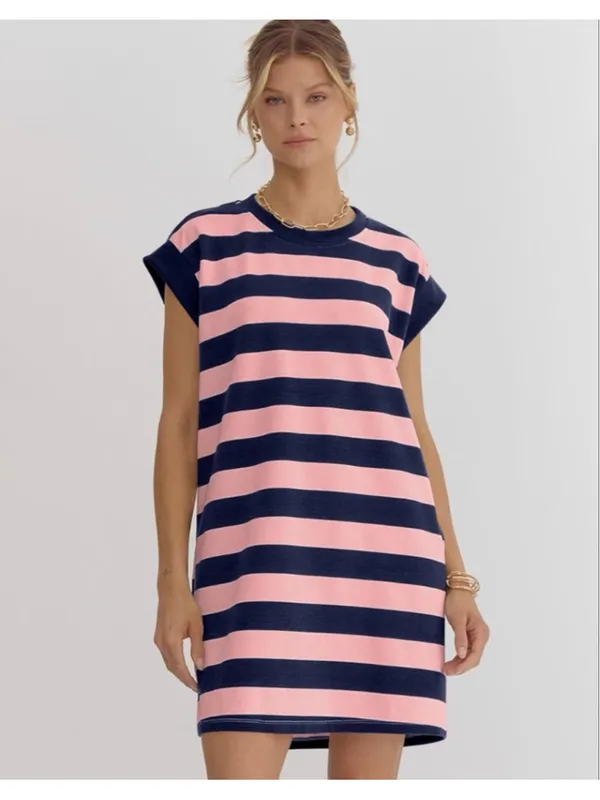 NEW Crewneck Loose Cap Sleeve Color Block Striped Tshirt Dress Pockets XL - Image 4