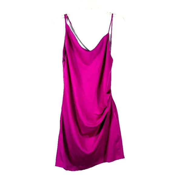 Lulus Pixie Perfect Magenta Satin Mini Dress Cowl Back Ruched Slip - Image 2