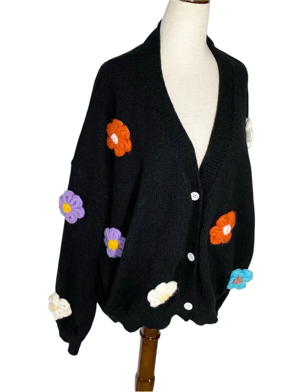 Crochet Flowers Cardigan Black Size 2X - Image 2