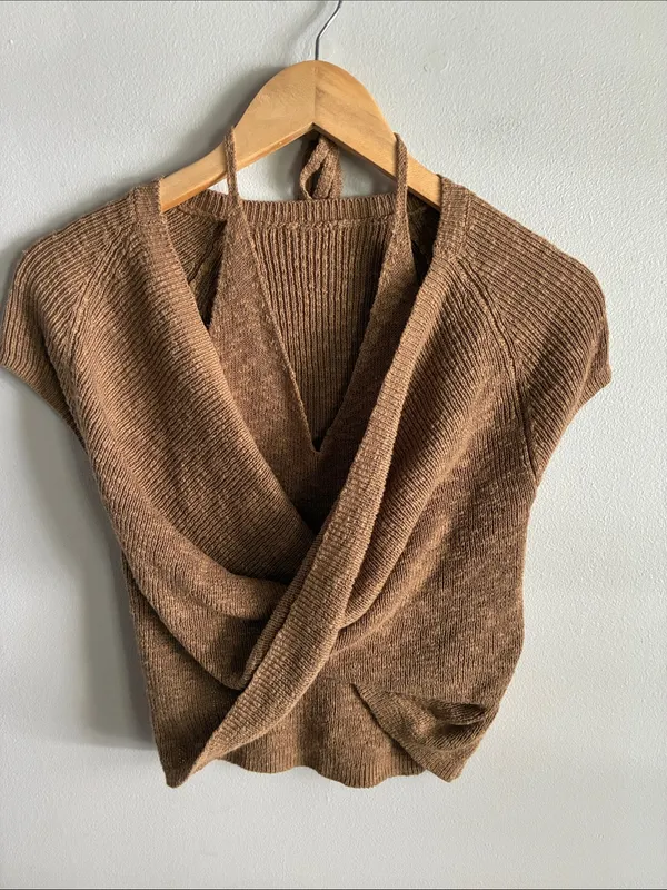 Commense S Brown Layered Wrap Knit Top Halter Tie Short Sleeve Y2K - Image 2