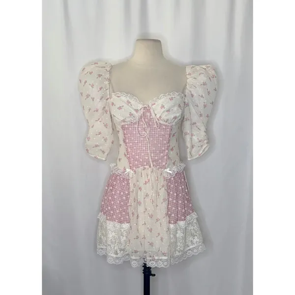 NWT!!‎ FOR LOVE & LEMONS Francine Floral Patchwork Mini Dress Lace Coquette XS - Image 2