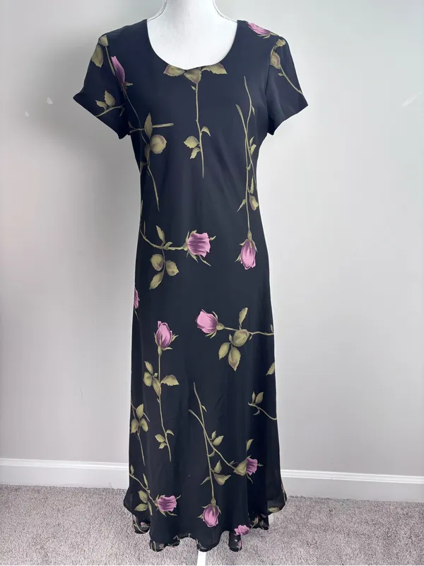 Jessica Howard Black Pink Rose Floral Short Sleeve Maxi Gown Dress Vintage - Image 3