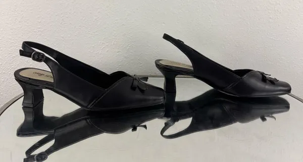 EASY STREET Y2K Black Faux Leather Edgy Bow Slingback Slip On Block Kitten Heels - Image 3