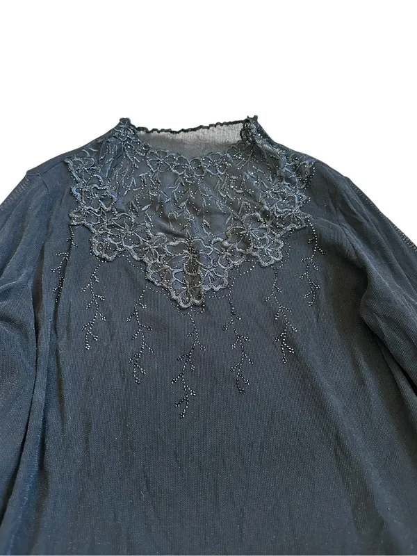 Black High Neck Long Sleeve Top Embroidered Rhinestones Gothic Romantic Witchy - Image 2