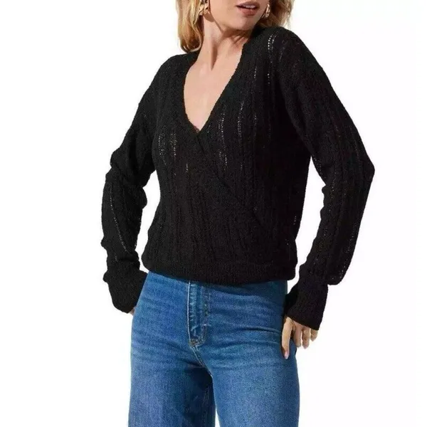 ASTR The Label S Faux Wrap V-neck Pointelle Knit Pullover Sweater‎ Black ($79) - Image 2
