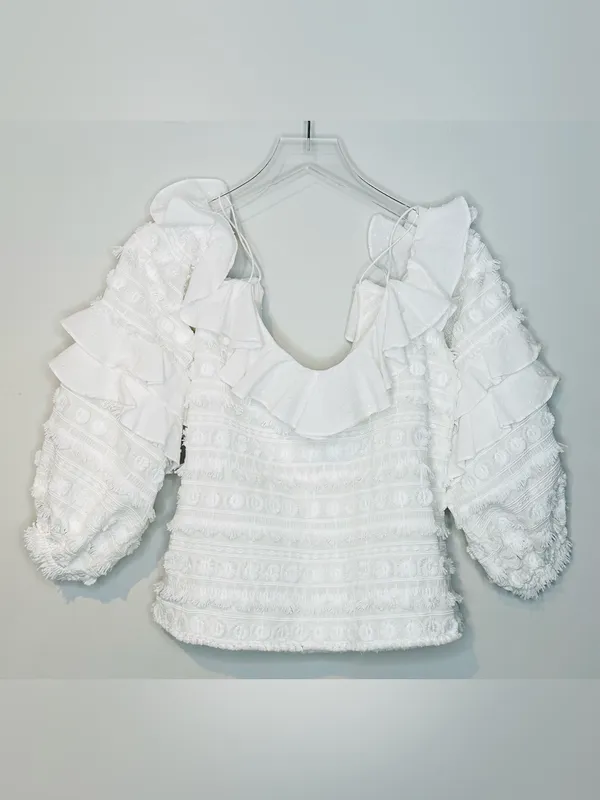 Alexis Damini White Off Shoulder Ruffle Long-Sleeve Fringe Blouse Shirt Top - Image 5