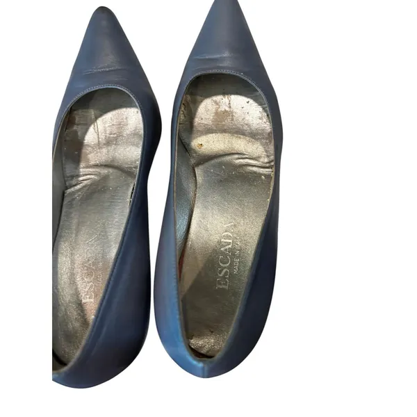 Escada Kitten Heel Pumps Size 8.5 Blue Metallic Pointed Toe Leather Italy - Image 6