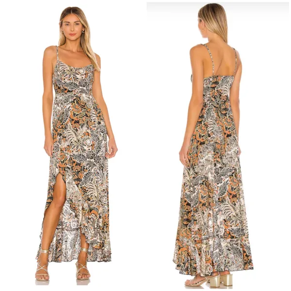 Free People Forever Yours Smocked Slip Maxi Dress Small Brown Black Floral Boho - Image 2