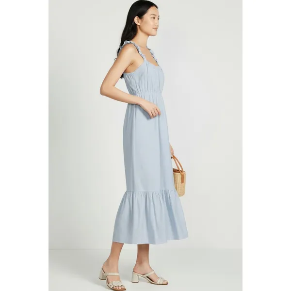 Time and Tru Womens Midi Dress Sz M Blue Ash Stripe Ruffle Strap Tie Back Flowy - Image 9