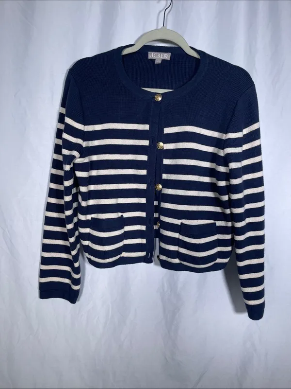 J. Crew Womens Emilie Cardigan Sweater Lady Jacket Navy Blue Stripes Large Bx482 - Image 2