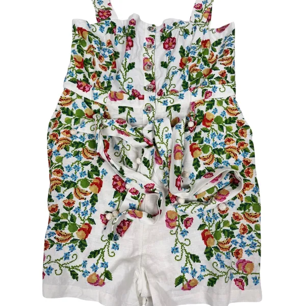 Farm Rio Tropical Romance Floral Romper White Cross Stitch Print Size M - Image 2