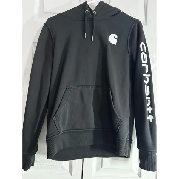 Carhartt Womens Relaxed Fit Midweight Logo Sleeve Graphic Hoodie Black - XS - Image 2