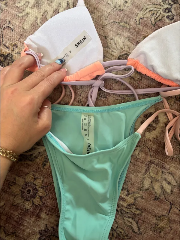 SHEIN Color Block Bathing Suit Set Pink Blue Purple - Image 2