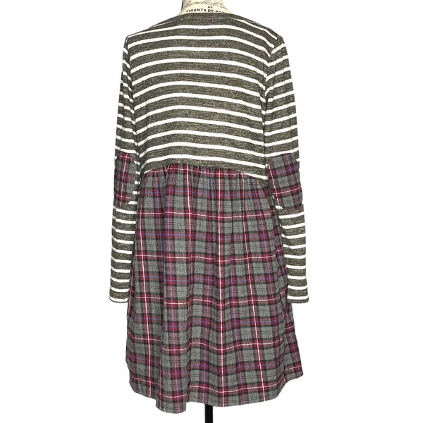 Andrée by Unit (M) Striped Plaid Pocket Elbow Patch Pocketed Swing Dress - Image 5