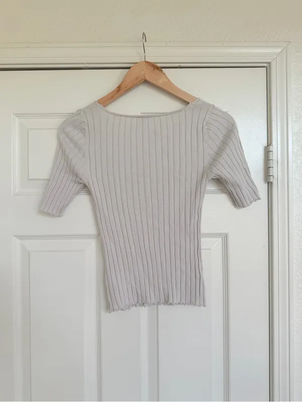Free People Ribbed Sweetheart Cottage‎ Short Sleeve Scoop Neck Top Ivory Sand S - Image 6