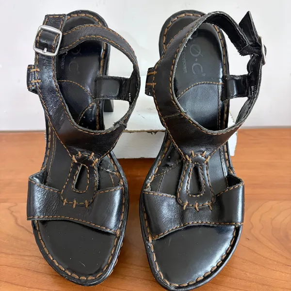B.O.C. Concept Black Leather Platform Sandals Strappy‎ Block Heel Size 7/38 - Image 3