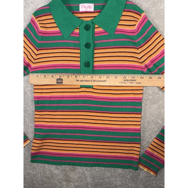 pink lily‎ striped collared ribbed long sleeve bright green pink M - Image 4