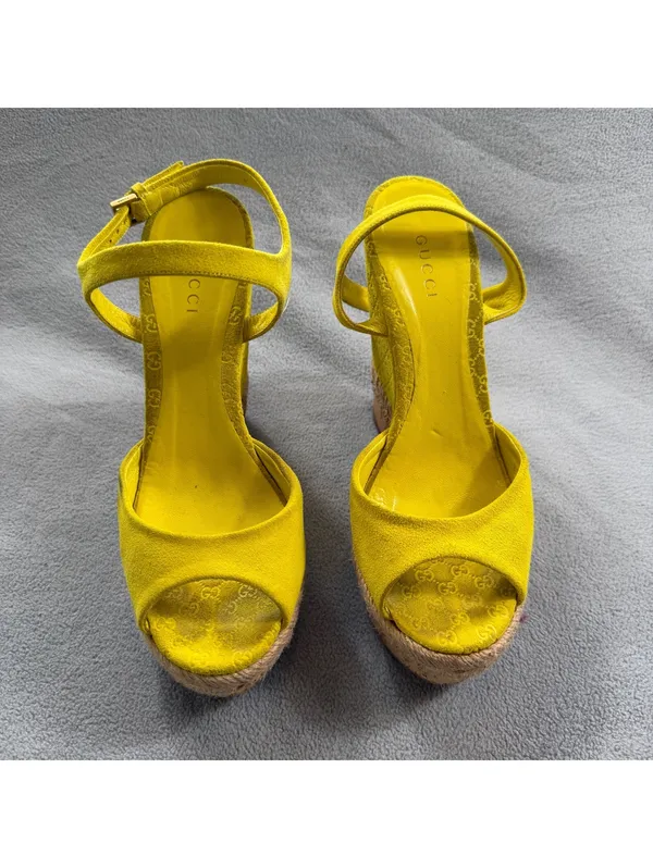 Gucci Microguccissima Yellow Suede Espadrille Platform Wedge Sandals 36.5 - Image 7