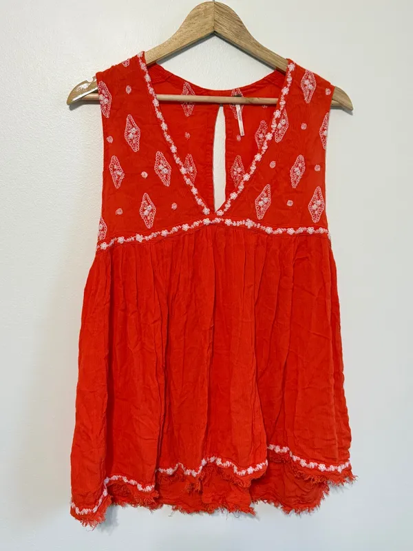 Free People Embroidered Tunic Top Size Small Diamond Orange Boho Beach - Image 2