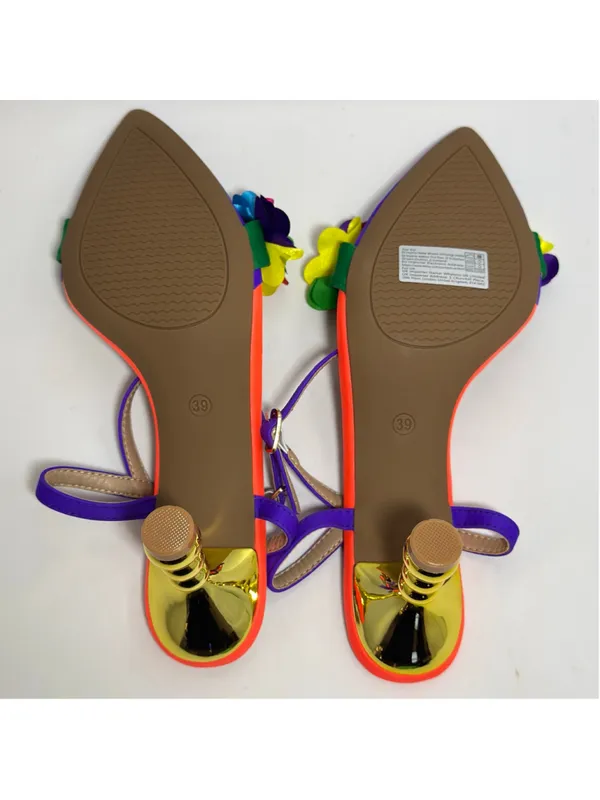 Rainbow 3D Flower Pointed Toe Floral Ankle Strap Heel Sandals Purple Size 39 - Image 6