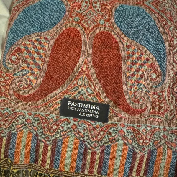Pashmina JS Ondo Paisley Scarf Shawl‎ Wrap Orange Blue Fringe Boho Classic - Image 2