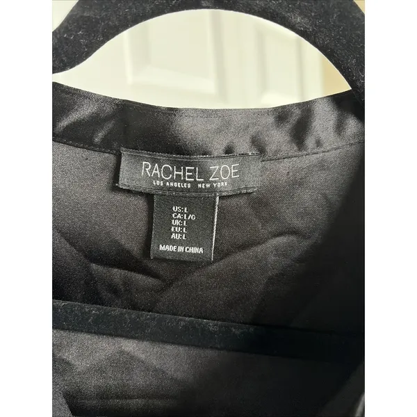 Rachel Zoe Black Satin Button Down Blouse Womens Size L Long Sleeve Band Collar - Image 3