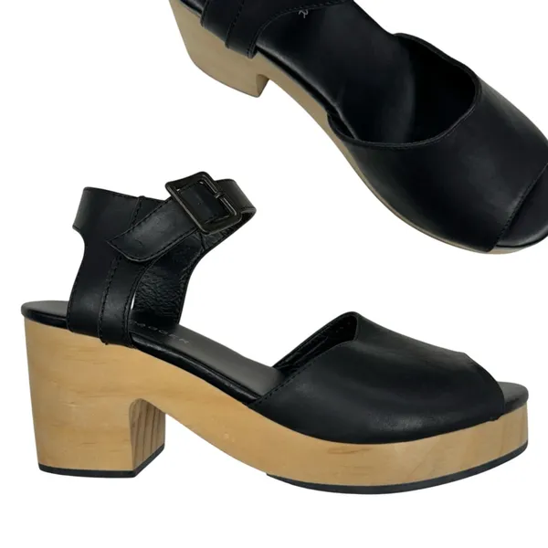 Kelsi Dagger Black Leather Peep Toe Wood Platform Heels Womens 5.5 Clog Fall - Image 2