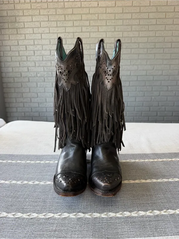Corral Sierra Fringe Studded Cowgirl Boots Dark Brown Leather Size 5.5 Rodeo - Image 4