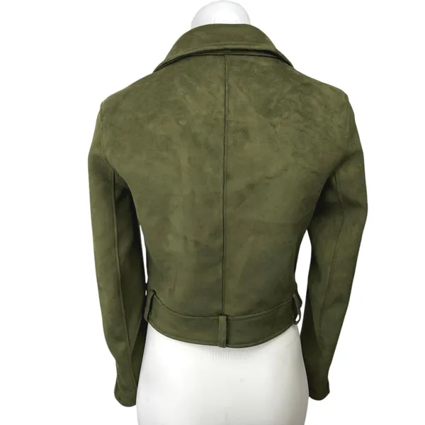 Zara Olive Green Suede Asymmetrical Zip Up Crop Moto Biker Jacket Blazer Coat XS - Image 2