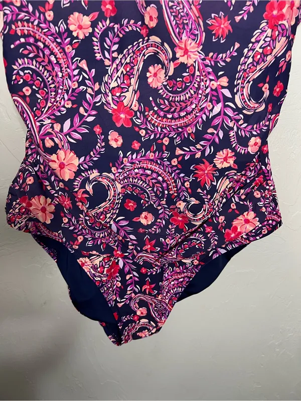 Lands End Purple Floral Paisley Grecian‎ Ruched Slimming One Piece Swimsuit - Image 4