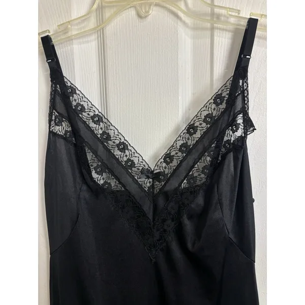 Vtg Ashley Taylor Black Nylon Floral Lace Slip Dress Nighty 34 FLAW Whimsigoth - Image 3