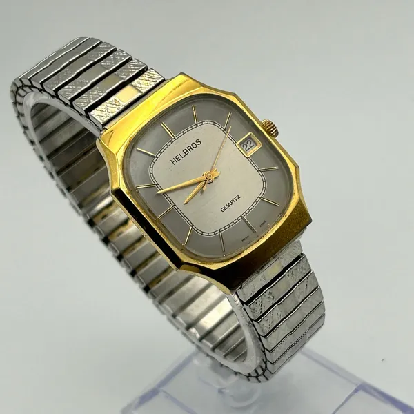Vintage Helbros Gold-tone Plated Case Silver Stretch Band Quartz Watch - Image 3