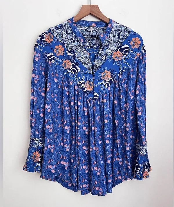 Free People Wildflower Fields Boho Blue Paisley Floral Print Tunic Top gypsy M - Image 5