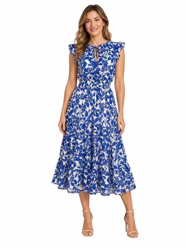 Sugar Lips Midi Dress Size M Floral Ruffle Smocked Tiered Blue White Tie Neck - Image 13