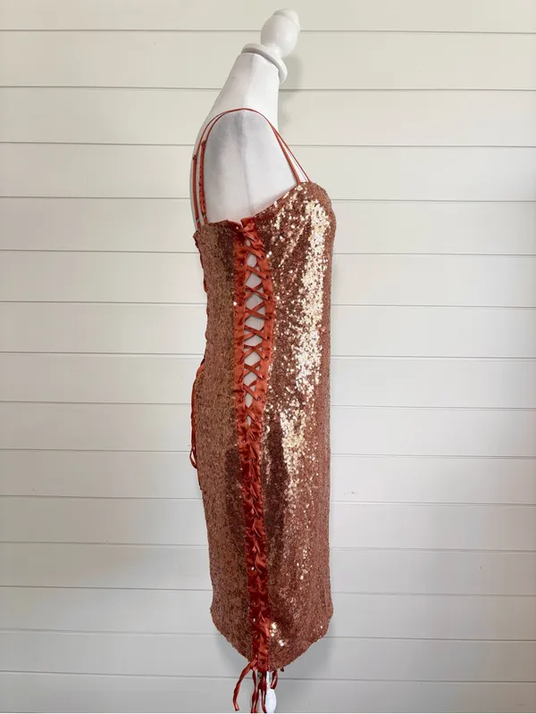 House of‎ CB Harlee Sequin Lace Up Back dress size L - Image 7
