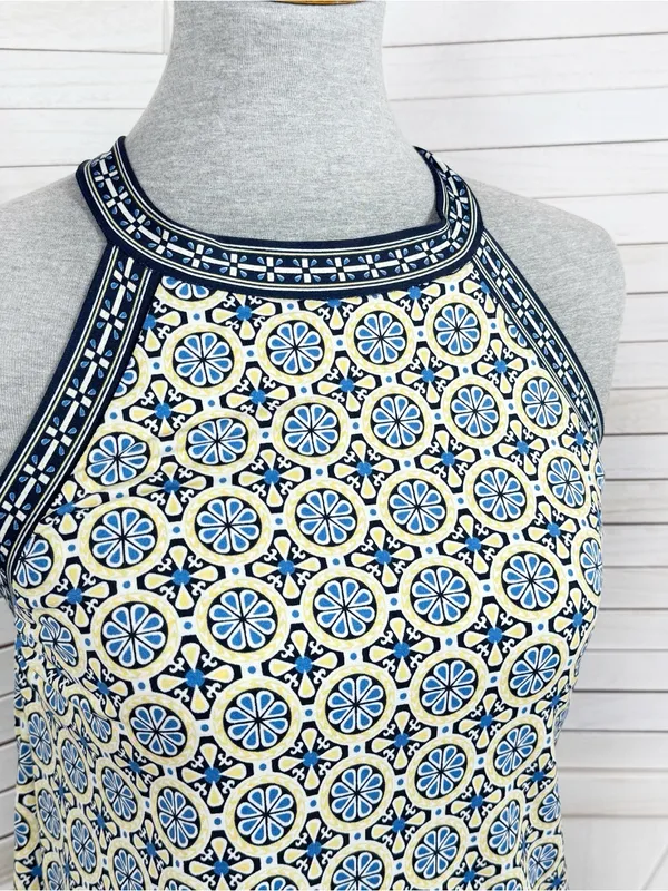 Max Studio‎ Geometric Medallion Print Halter Shift Dress Yellow Blue Medium - Image 5