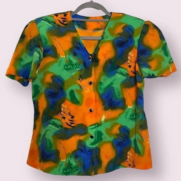 Vintage Orange Blue Green Button Blouse XL - Image 2