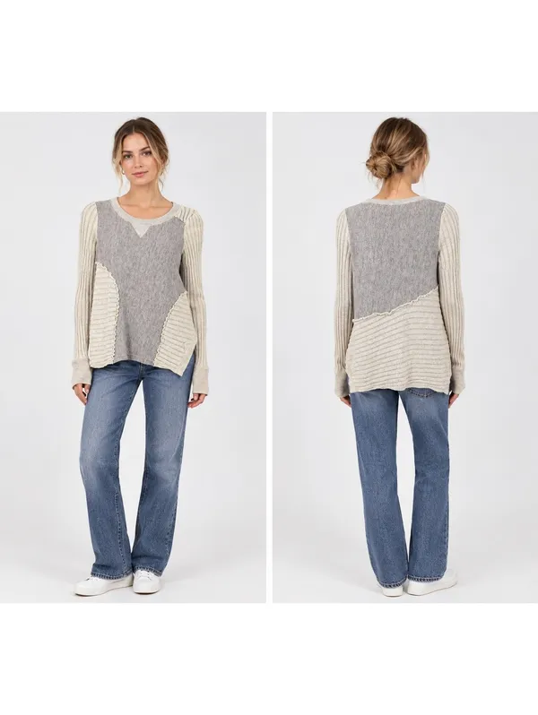 Anthropologie Saturday Sunday Woman’s M Mixed Knit Pullover Sweater Gray/Cream - Image 2