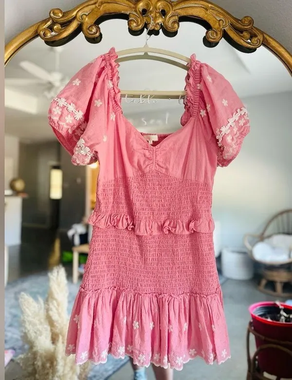 Loveshackfancy Jarrah pink smocked puff sleeve mini dress medium - Image 2